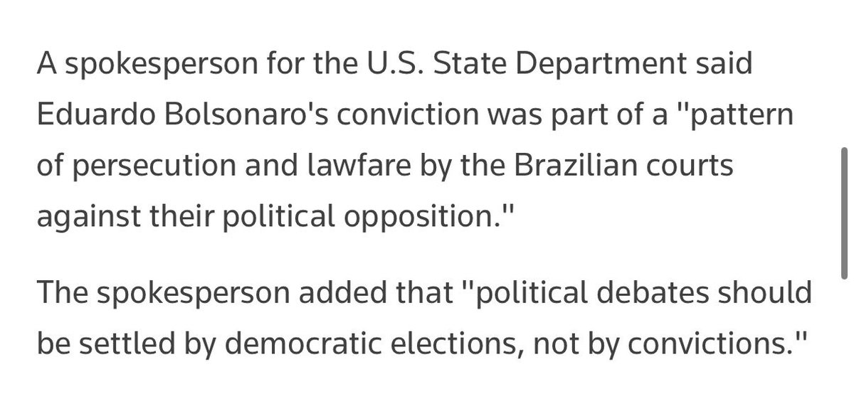 Maxcardoso's tweet photo. A Reuters publicou o que disse um porta-voz do Departamento de Estado americano sobre a condenação de Eduardo Bolsonaro no STF esta semana:

“Um porta-voz do Departamento de Estado dos EUA disse que a condenação de Eduardo Bolsonaro fazia parte de um ‘padrão de perseguição e lawfare pelos tribunais brasileiros contra sua oposição política’.
O porta-voz acrescentou que ‘os debates políticos devem ser resolvidos por eleições democráticas, não por condenações’.”