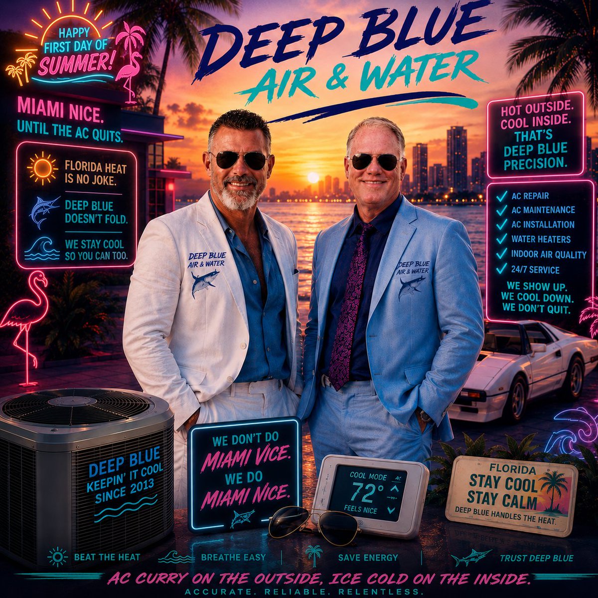 DeepBlueAirInc's tweet photo. TOMORROW FIRST DAY OF SUMMER
The heat rolls in like a Miami Vice scene
Pastel skiy-AC runnin’ lean
When temps get slick,humidity’s rude
Deep Blue Air &amp; Water shows up cool and smooth
Like Sonny &amp; Crockett cruisin’ through the night,
We keep your thermostat feelin’ just right. https://t.co/u1MoWC7rWN