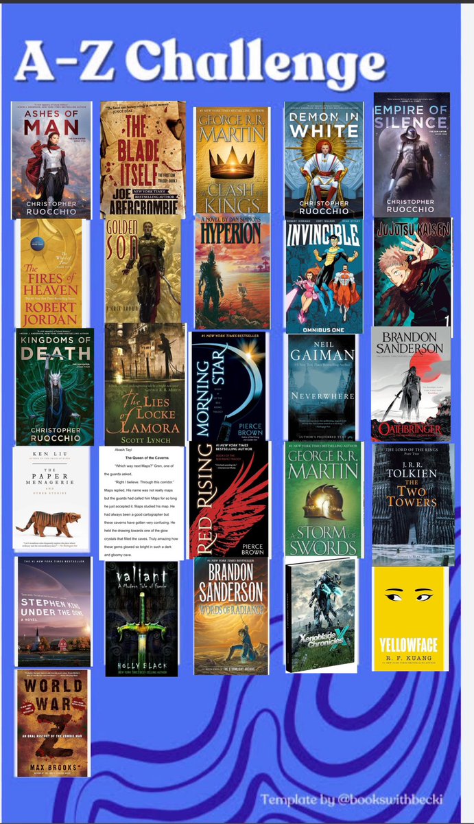 NookSmokes's tweet photo. Saw a A-Z reading challenge and wondered if my library was diverse enough to fill it. I ignored the “The and A” at the beginning of the tittles and had to use my original short story for letter Q but for the most part I’m proud of this.

#readingchallenge #goodreads https://t.co/qZzmx3pTJJ