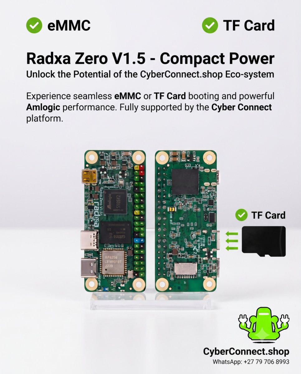 cyberconnect's tweet photo. Small Size. Big Performance. ⚡️

The Radxa Zero V1.5 has arrived! Perfectly suited for your next smart project.

✅ Versatile eMMC/TF Card booting
✅ Powerful Amlogic performance
✅ Available now at  🕸️ https://t.co/spbGE3KTe8

📱WhatsApp at +27 79 706 8993! 🛠️

#Zero #Radxa #IoT https://t.co/9rXfuBGCt4