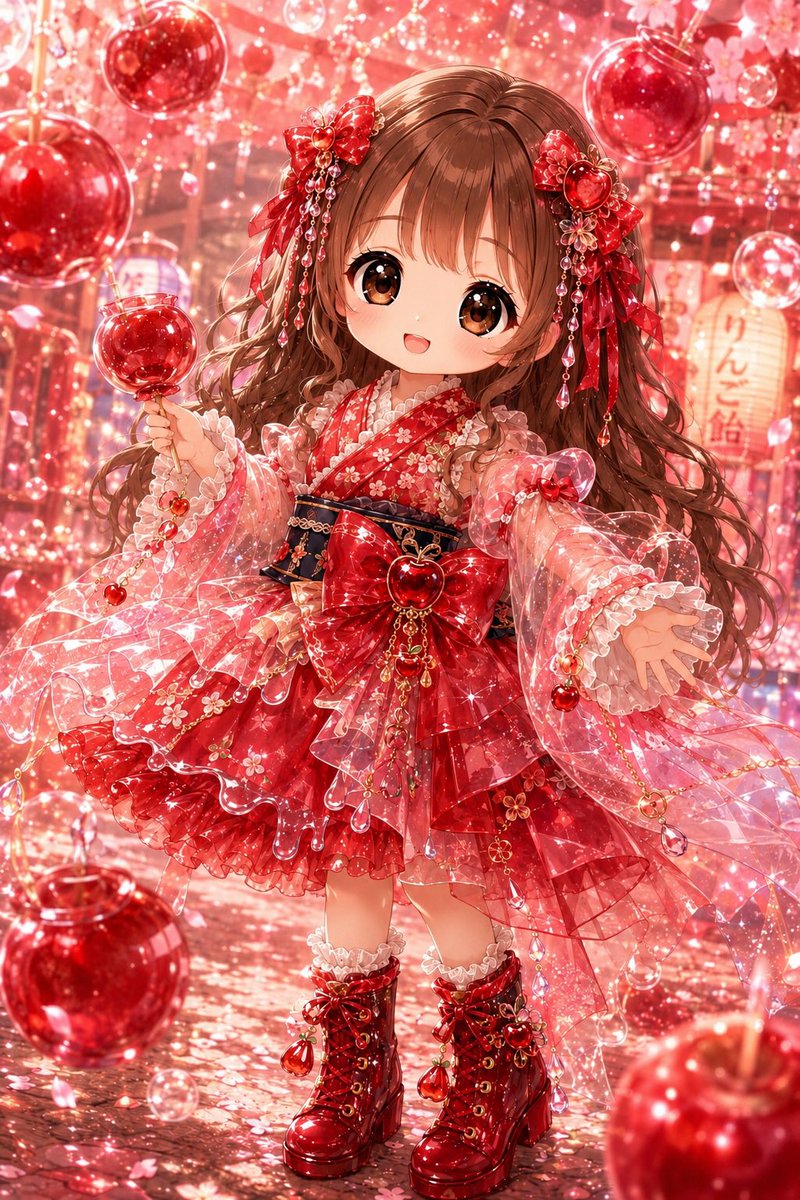 まきびさん🍎こんばんは✨ りんご飴ミニ浴衣コーデを、うちの子ミホ