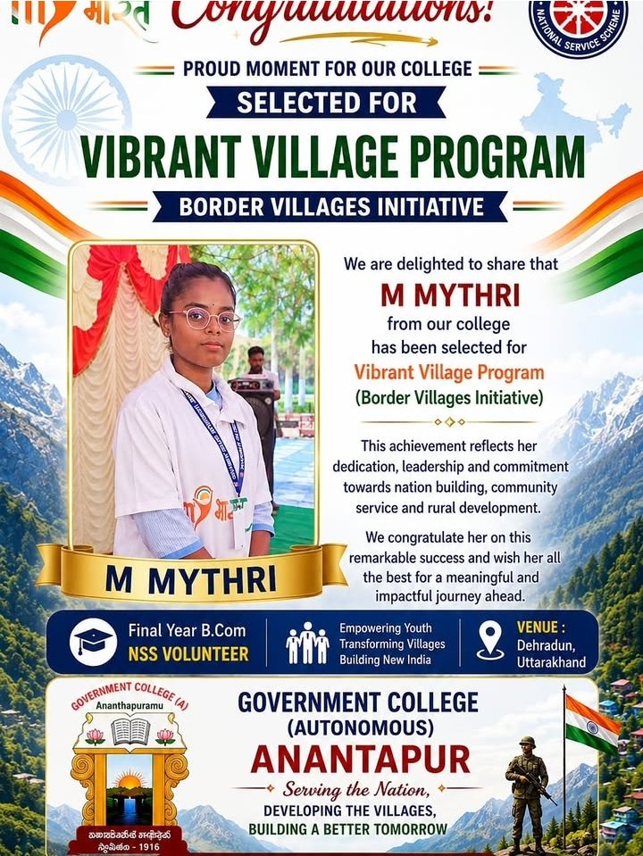 GDC_ATP's tweet photo. Proud moment for Government College (Autonomous), Anantapuramu as MY BHARAT volunteer Mitta Mythri (III https://t.co/2WkA8pBruA) is selected for the prestigious Viksit Vibrant Villages Program 2026, representing Andhra Pradesh at the Dehradun Camp! 🇮🇳 #APCCE #ArtsCollegeAnantapur https://t.co/7dTWN3qilM