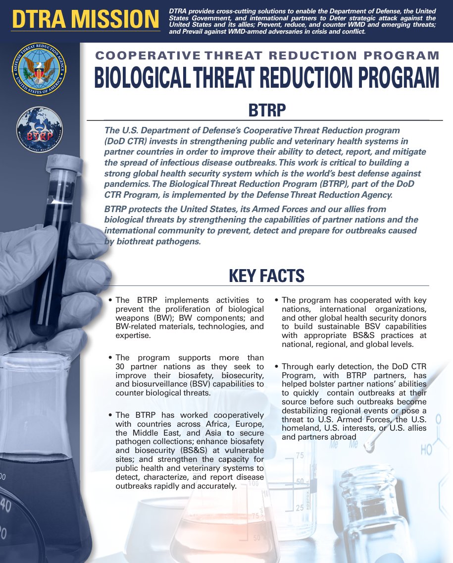 P_McCulloughMD's tweet photo. No Evidence Biological Threats Are Reduced

Just the opposite--government programs have increased the threat levels to the population with the proliferation of biolabs.  The Department of Defense (DoD) manages biological threat reduction primarily through the Cooperative Threat Reduction (CTR) and Chemical and Biological Defense Program (CBDP). Recent annual enacted spending for DTRA’s specific Biological Threat Reduction Program (BTRP) has ranged between $210 million and $250 million. DTRA has presented no evidence threats are reduced. Courtesy Steve Gruber, Real America's Voice.  @DeptofWar @RealAmVoice @stevegrubershow @McCulloughFund @twc_health