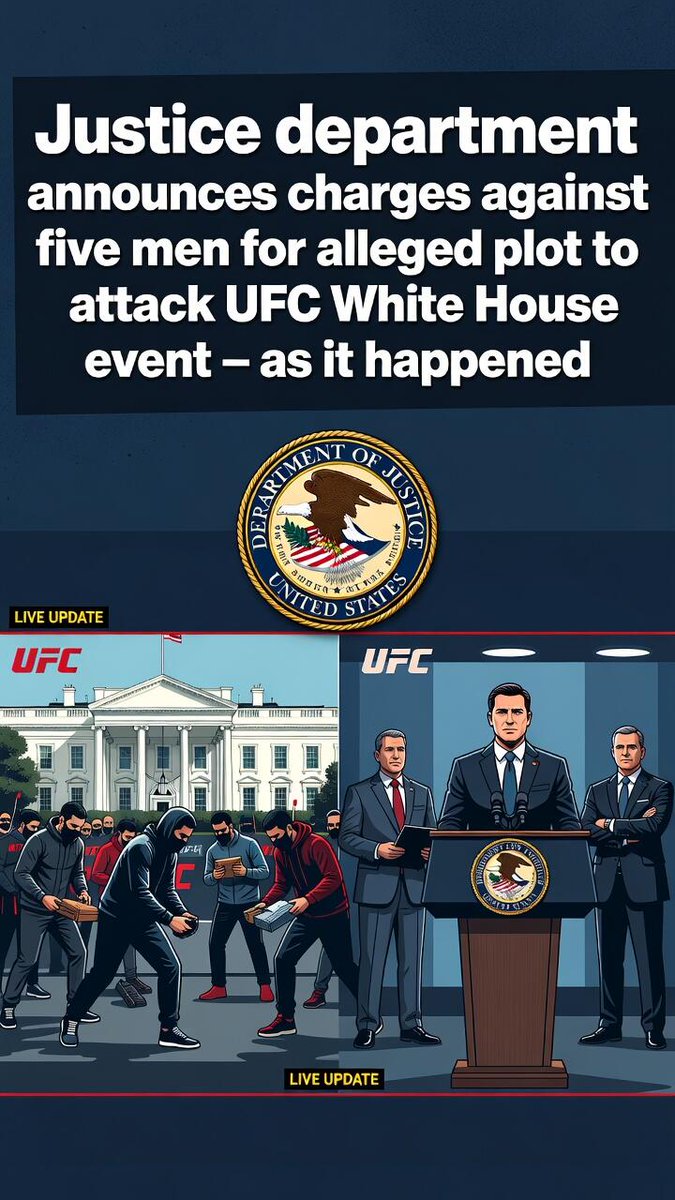 MAGABuzzPAC's tweet photo. Big win for law and order as the Justice Department charges five men over their alleged plot to attack the UFC White House event – our teams are staying sharp and keeping America safe from any threats! 
#UFC #WhiteHouse #DOJ #PlotFoiled #NationalS... https://t.co/IHR0FIZRjE