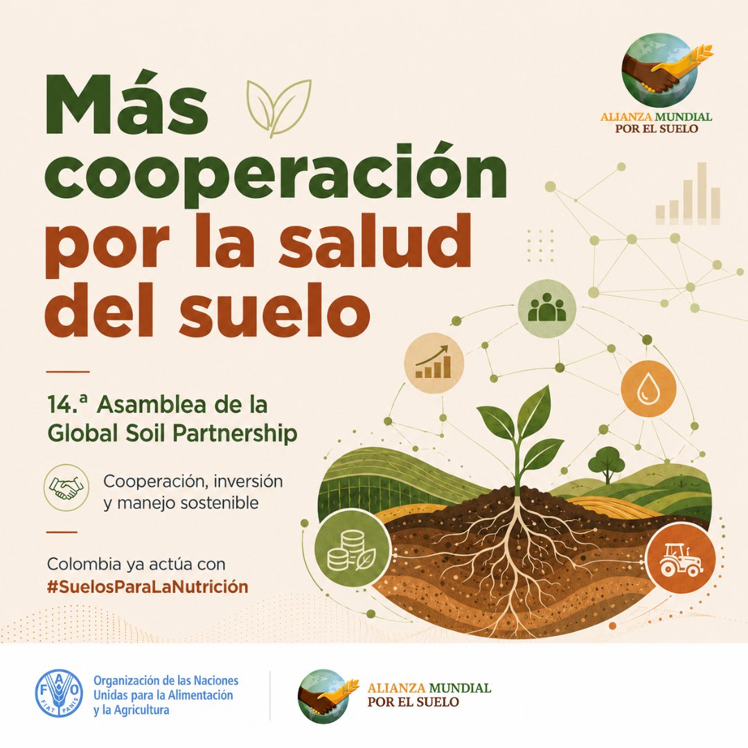 FAO_Colombia's tweet photo. 🌎 En la 14ª Asamblea de la #GlobalSoilPartnership el llamado es avanzar hacia más cooperación, inversión y manejo sostenible para proteger la salud del suelo, una tarea con la que desde 🇨🇴Colombia ya iniciamos con #SuelosParaLaNutrición.

📰 https://t.co/ILuiboOqzn https://t.co/Vki8LhykP1