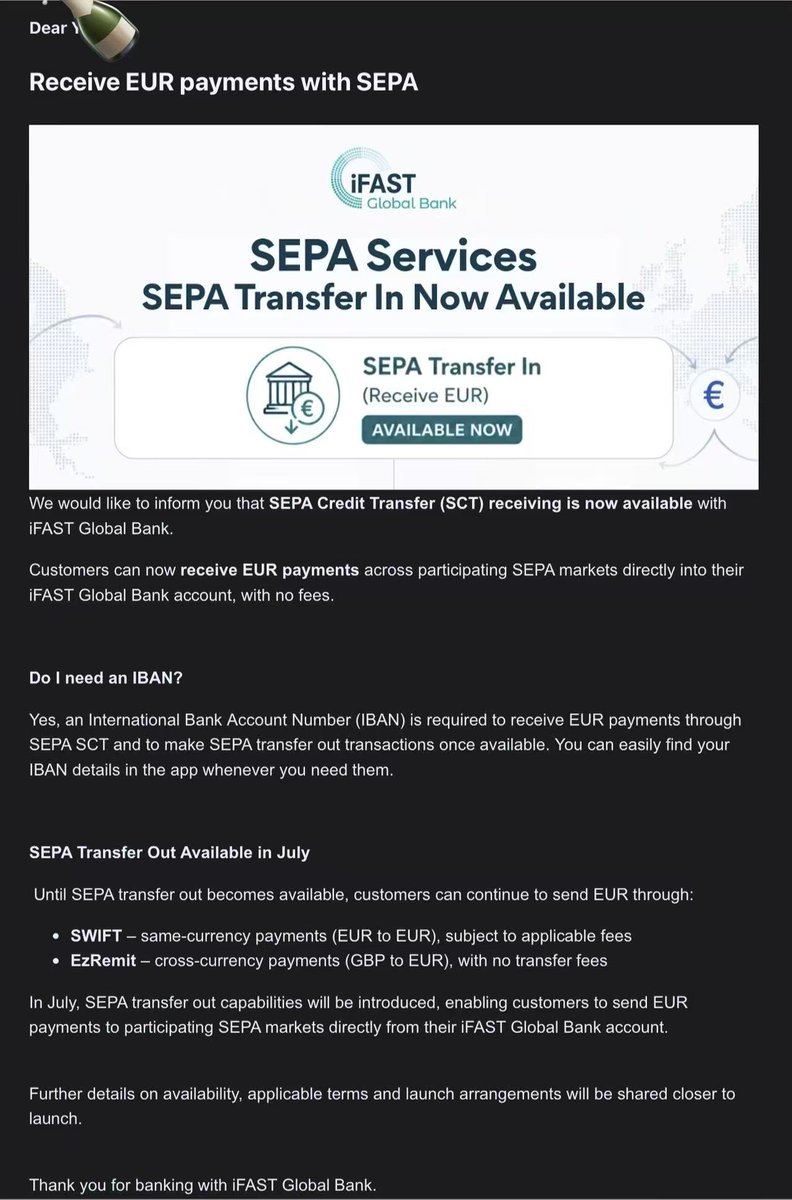 Leon7ang's tweet photo. #iFast 哇哦 刚收到邮件···
iFAST 这波更新挺实在的 如下:
欧元 SEPA 入账现已开放,零手续费。
7 月开通 SEPA 转出,替代高成本的 SWIFT 电汇。
对频繁做欧元资金调度、券商出入金的人来说,又多了个低成本中转账户,适用场景比纯数字银行更宽。自带 IBAN,欧洲本地转账当日到账。
还没有开的兄弟们赶紧开起来
