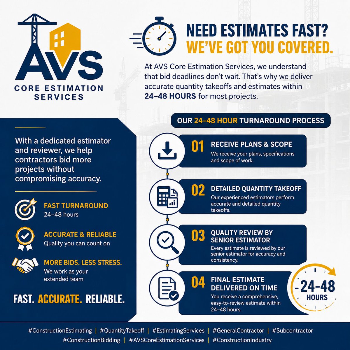 AVSServices's tweet photo. ⏱️ Need estimates fast?

At AVS Core Estimation Services, we deliver accurate quantity takeoffs and estimates within 24–48 hours to help contractors bid more and stress less.

📥 Plans → 📊 Takeoff → 🔍 Review → ✅ Delivery
#ConstructionBidding #AVSCoreEstimationServices https://t.co/bdyGt8092O