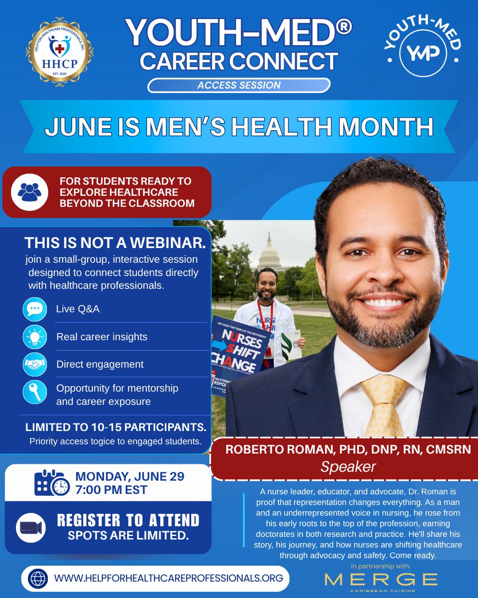 hhcpinc2's tweet photo. Join YOUTH-MED Career Connect with Dr. Roberto Roman for a conversation on men's health, leadership, and nursing. 

Gain career insights, ask questions, and learn from an experienced healthcare professional. Link in bio. https://t.co/ikp1BCGw6H