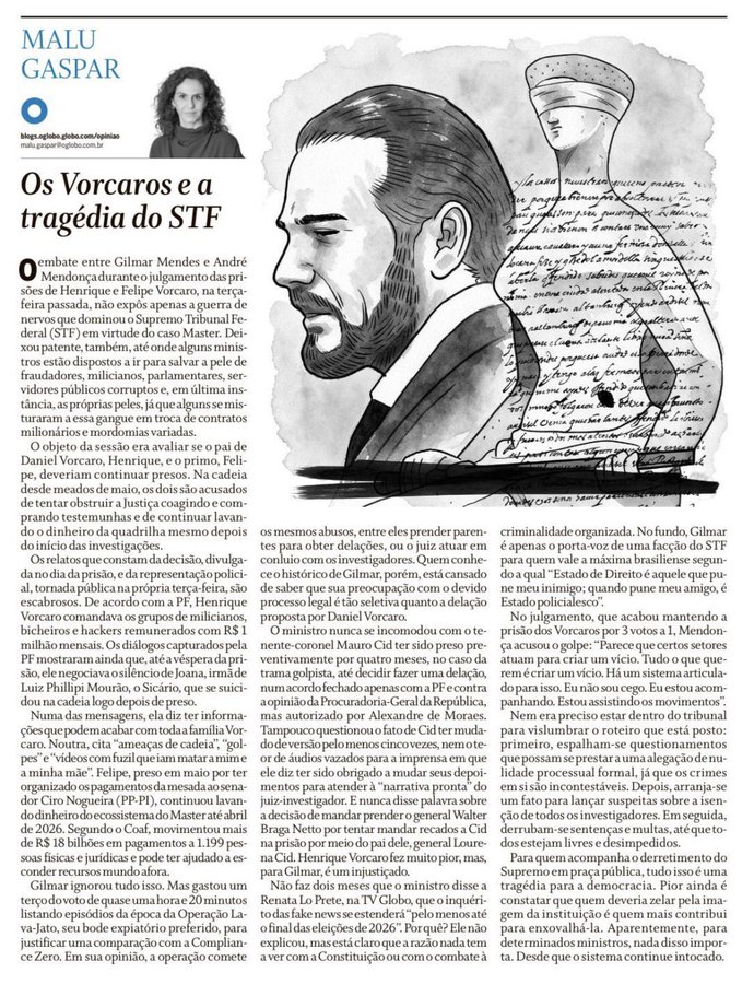 schmittpaula's tweet photo. Malu Gaspar:
"Gilmar é apenas o porta-voz de uma facção do STF para quem vale a máxima: "Estado de direito é aquele que pune meu inimigo; quando pune meu amigo, é estado policialesco."~ https://t.co/WyauiVy7R3
