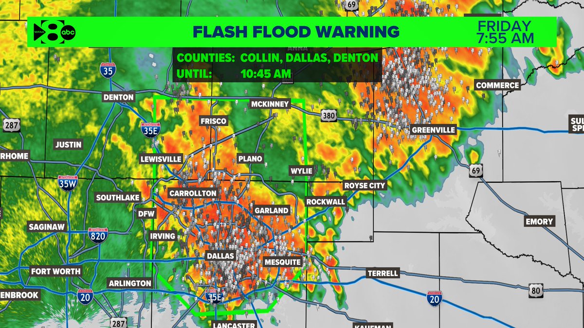 wfaaweather's tweet photo. FLASH FLOOD WARNING for Dallas, Collin, and Denton Counties until 10:45am. Between 1 - 3 inches of rain have fallen in the warned area. Another 1-2 inches of rain will be possible. Avoid flooded roads! #wfaaweather https://t.co/JaENXgu4Gw