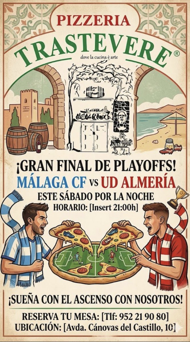 trasteveremlg's tweet photo. 𝑴𝑨́𝑳𝑨𝑮𝑨 𝑪𝑶𝑵 𝑬𝑳 𝑴𝑨́𝑳𝑨𝑮𝑨 𝑪.𝑭.!!!

💙 El Sábado nuestro @MalagaCF se juega el ascenso a 1ª División.
🔝Y en Pizzeria Trastevere te ofrecemos un gran plan.!!

🍝 🍕 Disfruta de la mejor pasta y pizzas, animado a nuestro equipo…!!! 💙🤍

✅ Vamos MÁLAGA C.F.! 💙🤍 https://t.co/Id9aMvhoTF