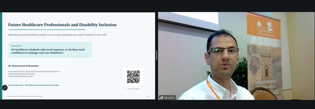 PixelFirenze's tweet photo. Mohammad Al Rashaida presented 'Future Healthcare Professionals and Disability Inclusion: Attitudes Toward People with Disabilities in Undergraduate Health Programs' https://t.co/8LD6vDyiNo #FOE2026 https://t.co/qvVElsOs7L