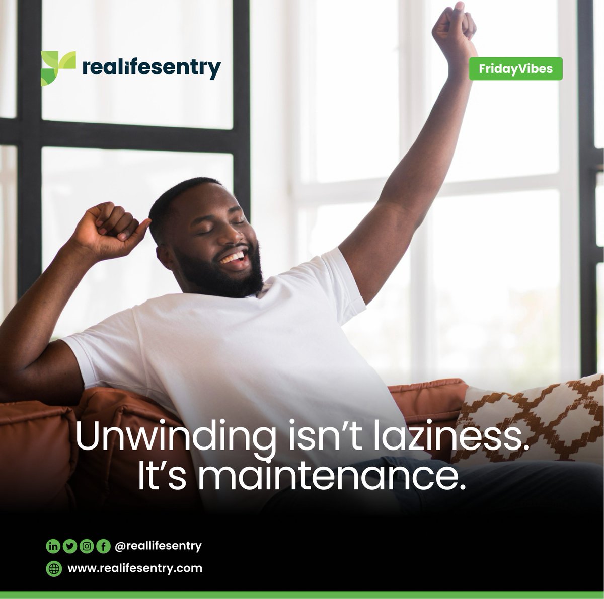 reallifesentry's tweet photo. Rest isn't a distraction from productivity - it's part of it. 🌿

Taking time to recharge helps you show up stronger, clearer and more focused.

This weekend, don't just recover. Refuel.

#FridayVibes #SelfCare #MentalWellbeing #WorkLifeBalance #Realifesentry 💚 https://t.co/7DuOxzWvAX