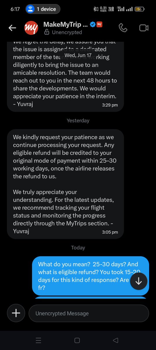 Ti22Amit's tweet photo. @makemytrip @makemytripcare Day 21-Still no refund.
Thai VietJet's own email confirms FULL refund for their cancellation. I shared this proof on Day 1.

MMT's response after 21 days?
"Eligible refund. 25-30 working days."

10+ broken 48hr promises. ₹29,000 blocked. 
#MakeMyTrip #RefundScam #ConsumerRights https://t.co/AoZWAzo9PO
