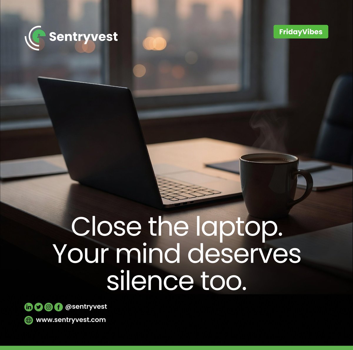 sentryvest's tweet photo. Close the laptop. Your mind deserves silence too.

Rest isn't wasted time - it's how clarity, creativity and focus are restored.

Have a restful weekend. ☕✨

#FridayVibes #WorkLifeBalance #MentalWellness #Productivity #Sentryvest https://t.co/VbmZqdOhZa