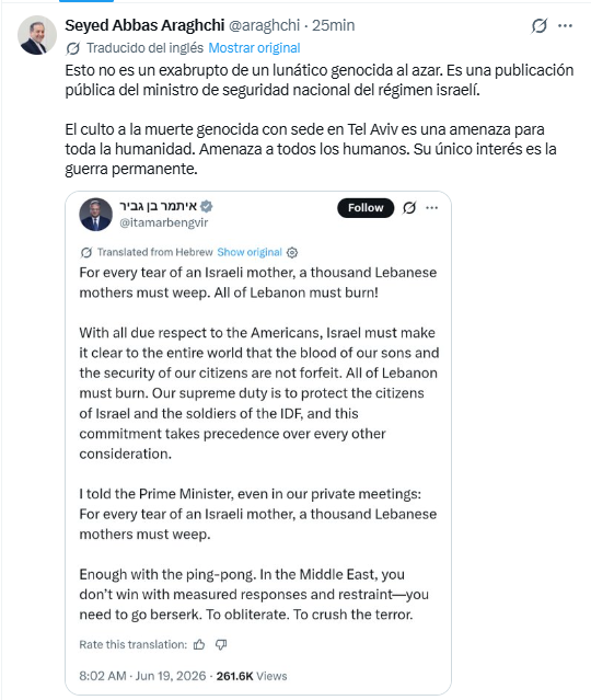 Nexo_Latino's tweet photo. ⚠️Canciller iraní responde a las amenazas públicas del ministro israelí

🔻El canciller iraní, Seyed Abás Araqchi, ha afirmado este que lo que ha calificado como un “culto a la muerte genocida” con sede en Tel Aviv representa una amenaza para toda la humanidad. https://t.co/5yEfhmkIa1