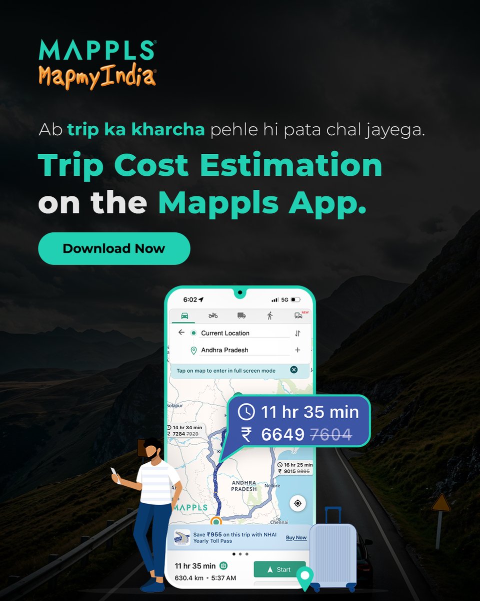 mappls's tweet photo. Unexpected tolls and fuel expenses can quickly add up during a road trip. 

Mappls App helps you estimate your trip cost in advance by showing:
* Estimated fuel expenses
* Toll charges on your route
* NHAI Annual Toll Pass details

So you can plan your budget better, avoid surprises on the road and travel with more confidence.

Download now: https://t.co/taUFHhIDAV

@rakeshverma1950 | @RashmiNext | @_rohanverma 

#Mappls #MapplsApp #RoadTrip #TripPlanning #FuelCost #TollCharges #TravelSmart #NavigationApp