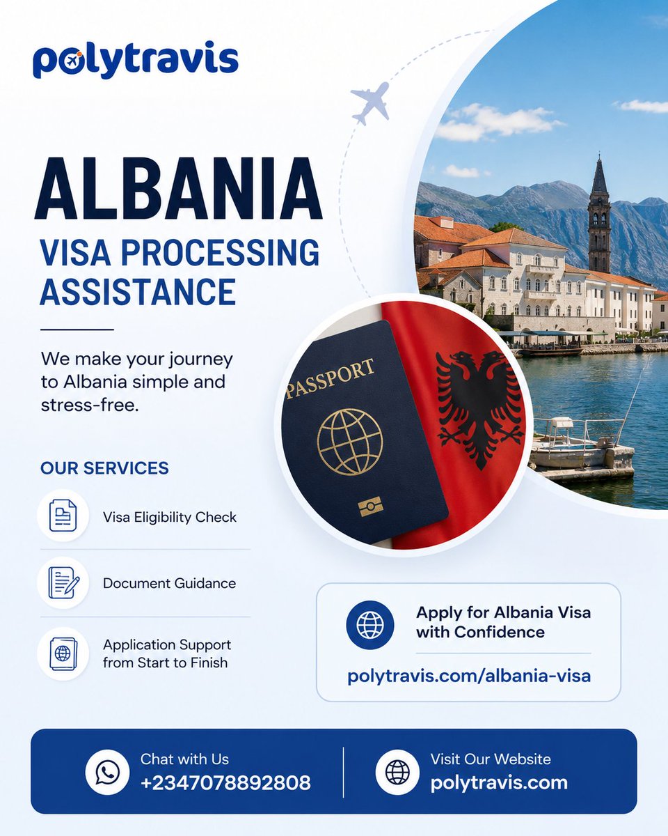 Polytravis's tweet photo. Dreaming of visiting Albania? ๐ฆ๐ฑ
Let #Polytravis handle your visa application with professional guidance and reliable support every step of the way.
Start Albania visa
๐ฒ WhatsApp: +2347078892808
๐ https://t.co/shVVC0MYHP
#AlbaniaVisa #VisaProcessing #TravelToAlbania https://t.co/vtJPHQlAjj