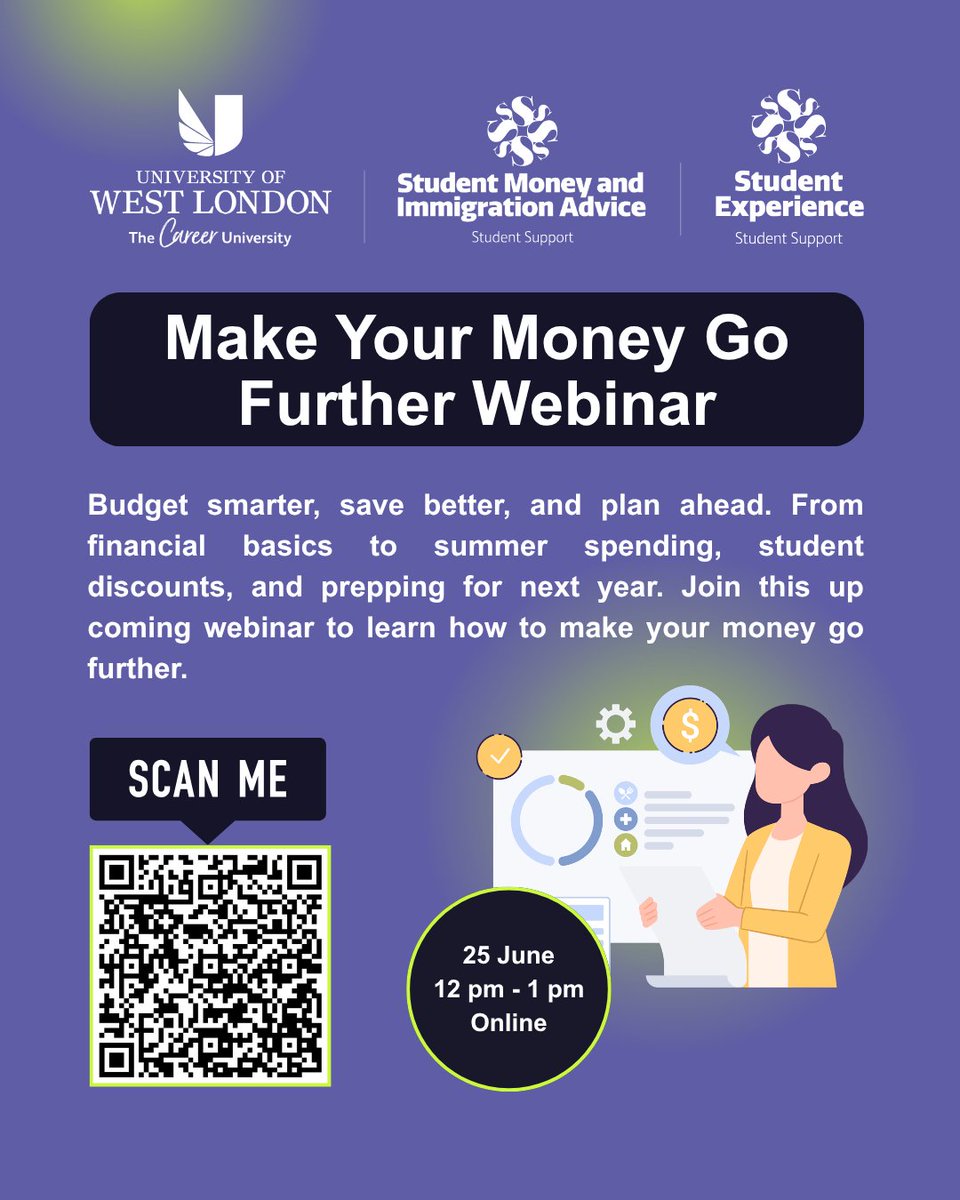 UniWestLondon's tweet photo. Join our Make Your Money Go Further Webinar! 💻💷
📅 Thu. 25 June
🕛 12 pm - 1 pm
📍 Online
Book your place here 👇: https://t.co/hjKwWUKQNm
#UWL #Webinar #Budgeting #StudentFinance https://t.co/nTNAJlALzY