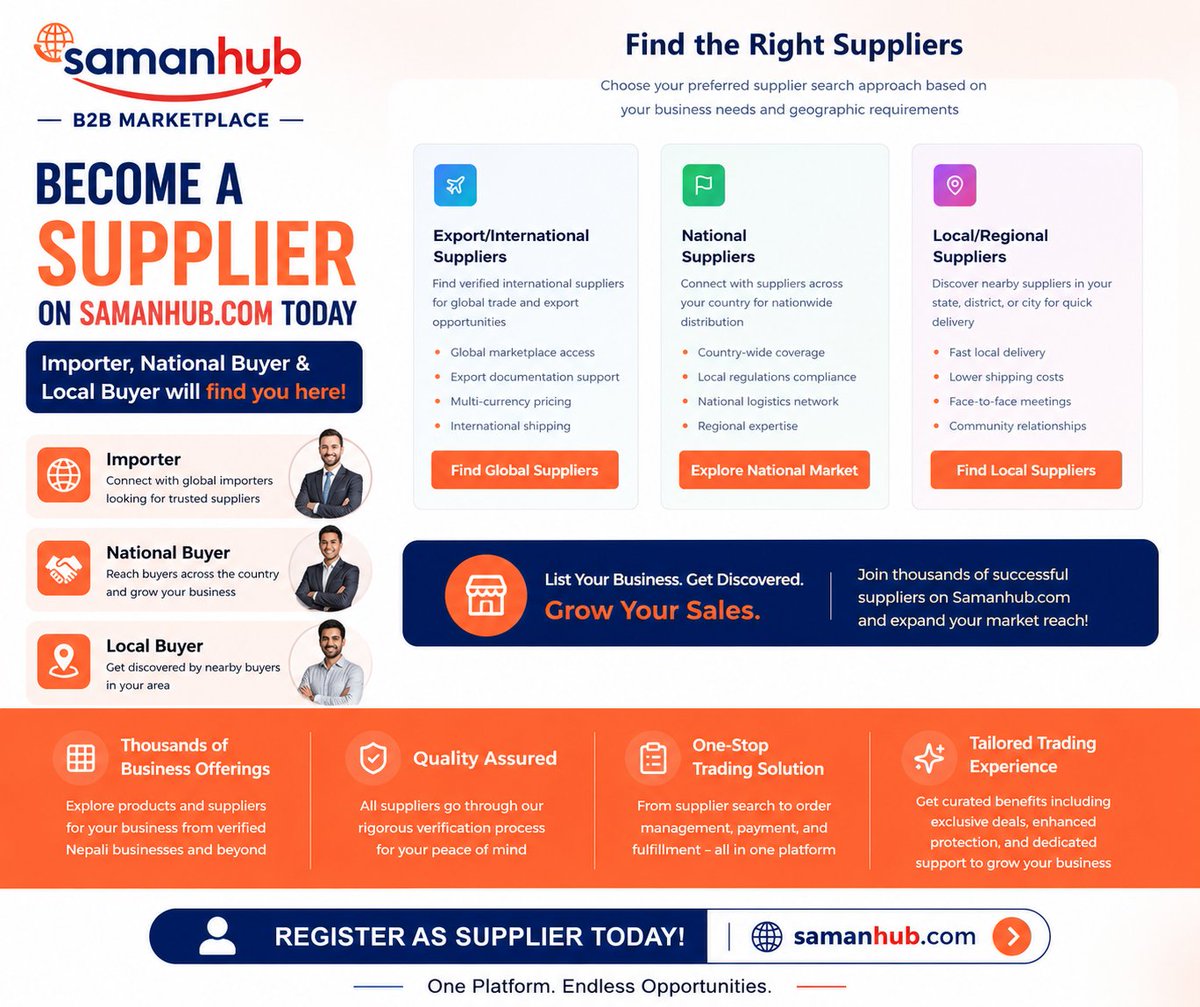 SamanHub's tweet photo. 🚀 Become a Supplier on Samanhub Today!

🌍 Get discovered by Importers
🇳🇵 Reach National Buyers
📍 Connect with Local Buyers
📦 Showcase your products
📈 Generate more inquiries
💼 Grow your business faster
🌐https://t.co/xoW8dxsLvn

#Samanhub #B2BMarketplace #Supplier #Busines https://t.co/m43VvlhqdF