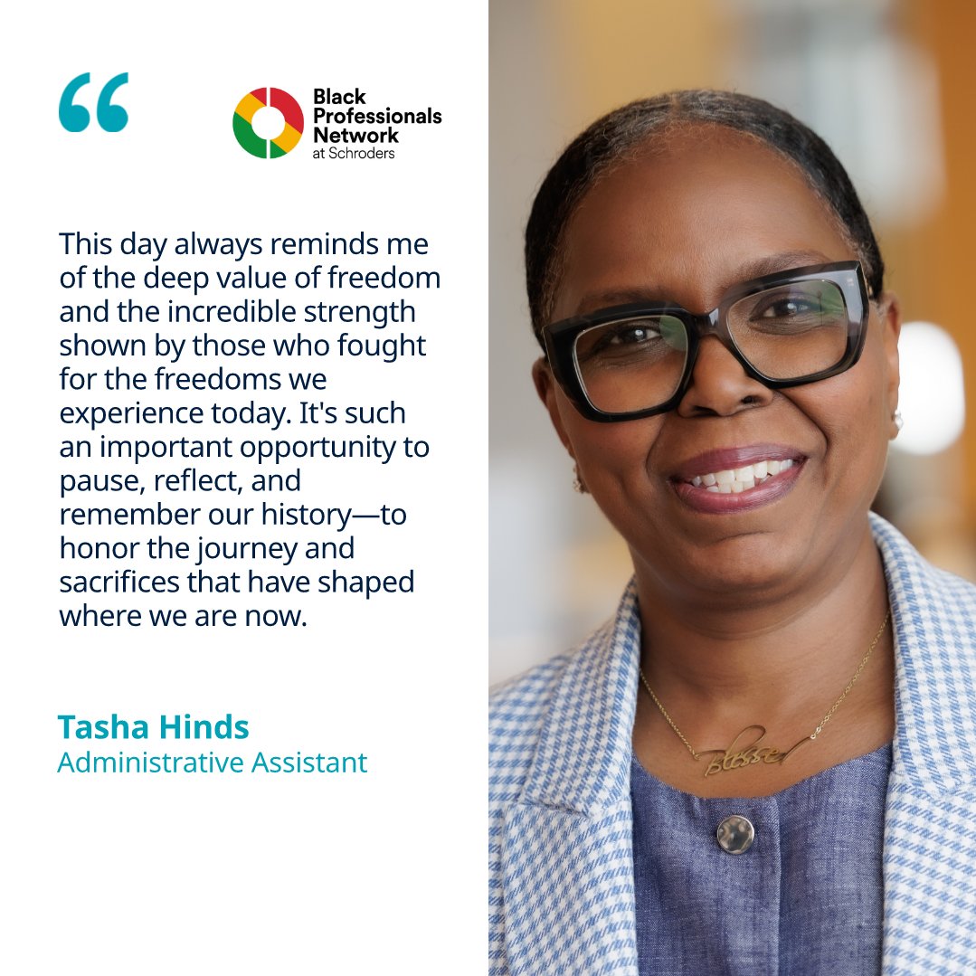 SchrodersUS's tweet photo. At Schroders, we’re committed to fostering a culture of connection and elevating the diverse voices of our people.

This Juneteenth, members of our Black Professionals Network share what the day means to them. https://t.co/hMCtzzInjJ