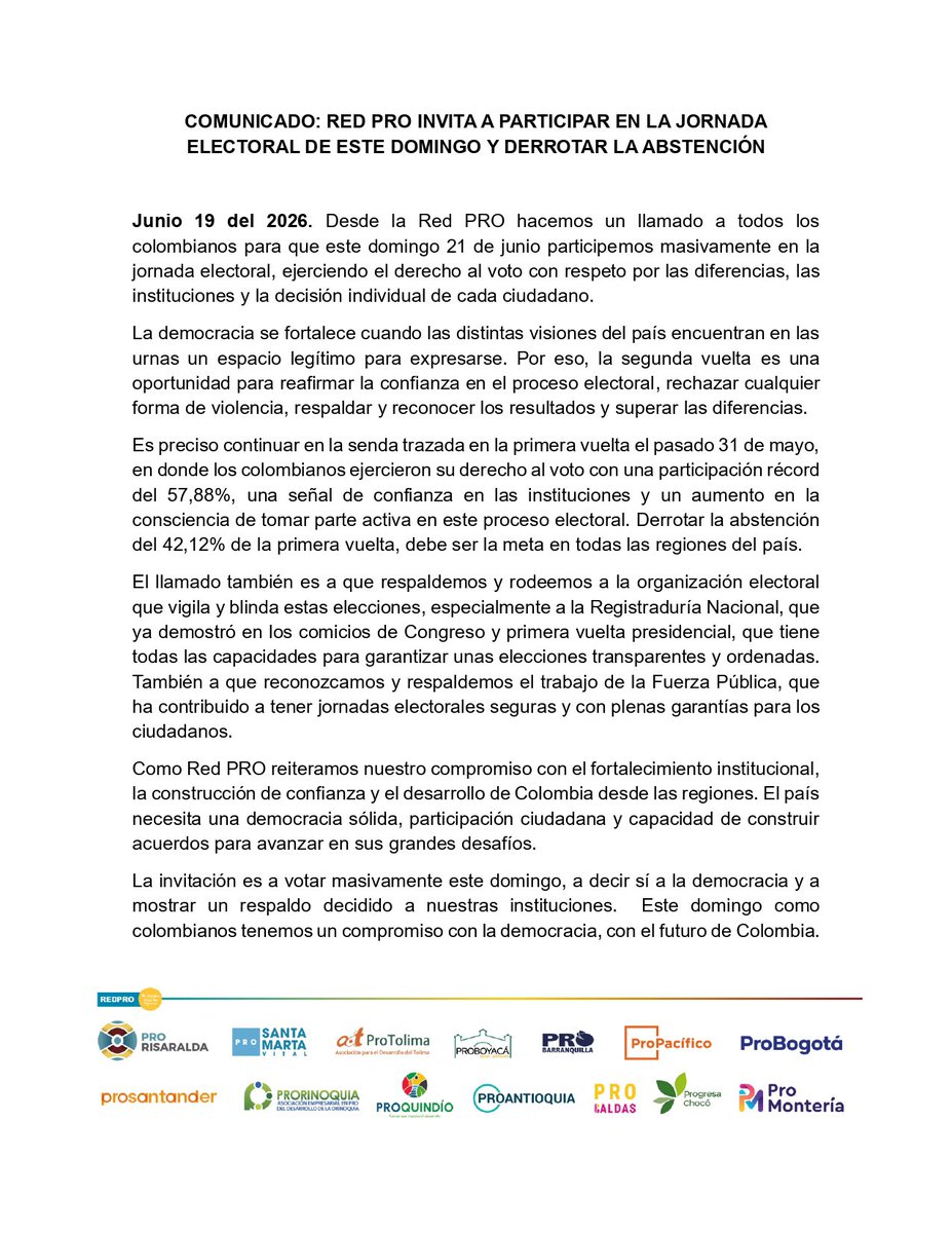 ProPacificoOrg's tweet photo. #Comunicado I La #RedPRO invita a participar de la jornada electoral de este domingo, ejerciendo el derecho al voto con respeto por las diferencias, las instituciones y la decisión individual de cada ciudadano. Como colombianos tenemos un compromiso con la democracia. https://t.co/43KLiBtW9a