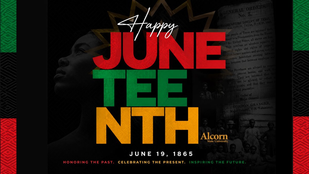AlcornStateU's tweet photo. Alcorn State University honors the courage and resilience of those who paved the way towards equality. As we celebrate the progress made, we remain committed to honoring the past, celebrating the present, and inspiring the future. 

Happy Juneteenth! #AlwaysAlcorn #Juneteenth https://t.co/pR44Xt4lWE