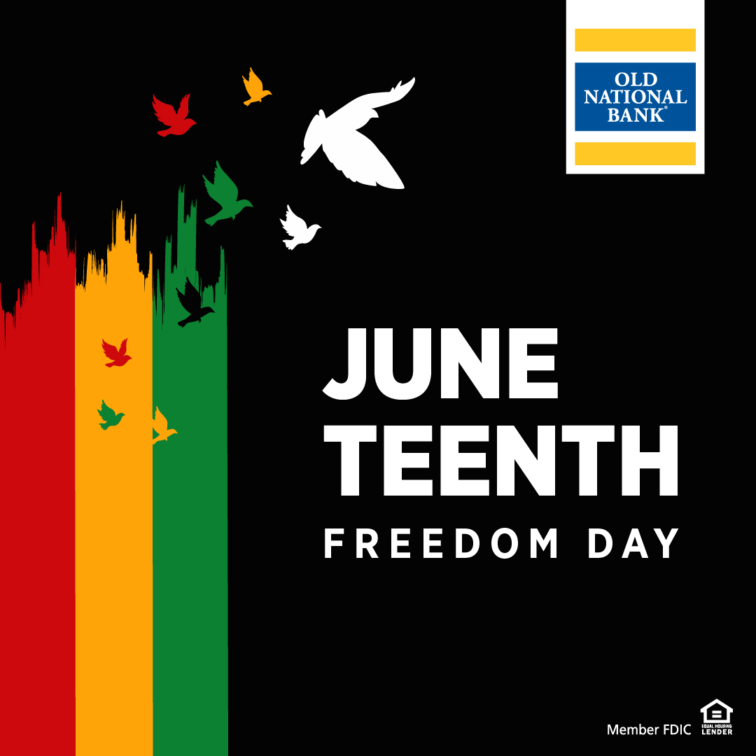 Old_National's tweet photo. In observance of Juneteenth, Old National Bank is closed today. We join in recognizing this important day of freedom while reflecting the history it represents and celebrating the contributions of Black Americans. To find your local banking center, visit: https://t.co/908IS8bUU0 https://t.co/I9BNBUTIZX