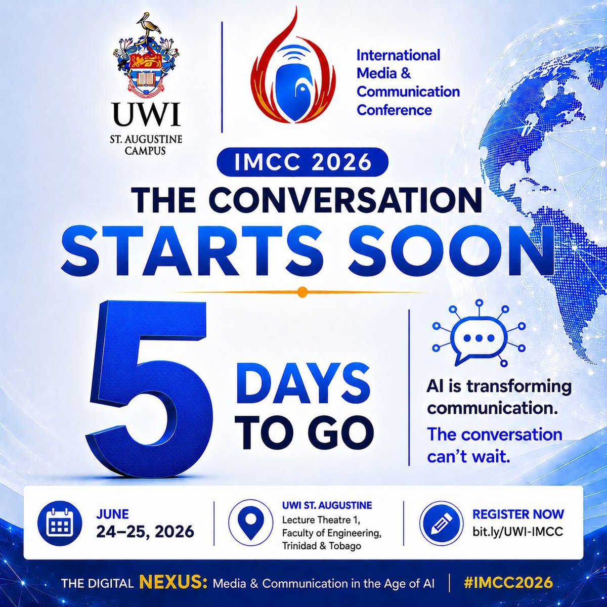caribvision's tweet photo. 5️⃣ MORE DAYS TO GO!!! Have you registered yet? There’s still time to join us in person or virtually for this exciting conference exploring media, communication, and AI.

📅 24–25 June 2026

Register now: https://t.co/l8m7RGgkow

#IMCC2026 #DigitalNexus #MediaAndCommunication https://t.co/lmcHQ5t8LW