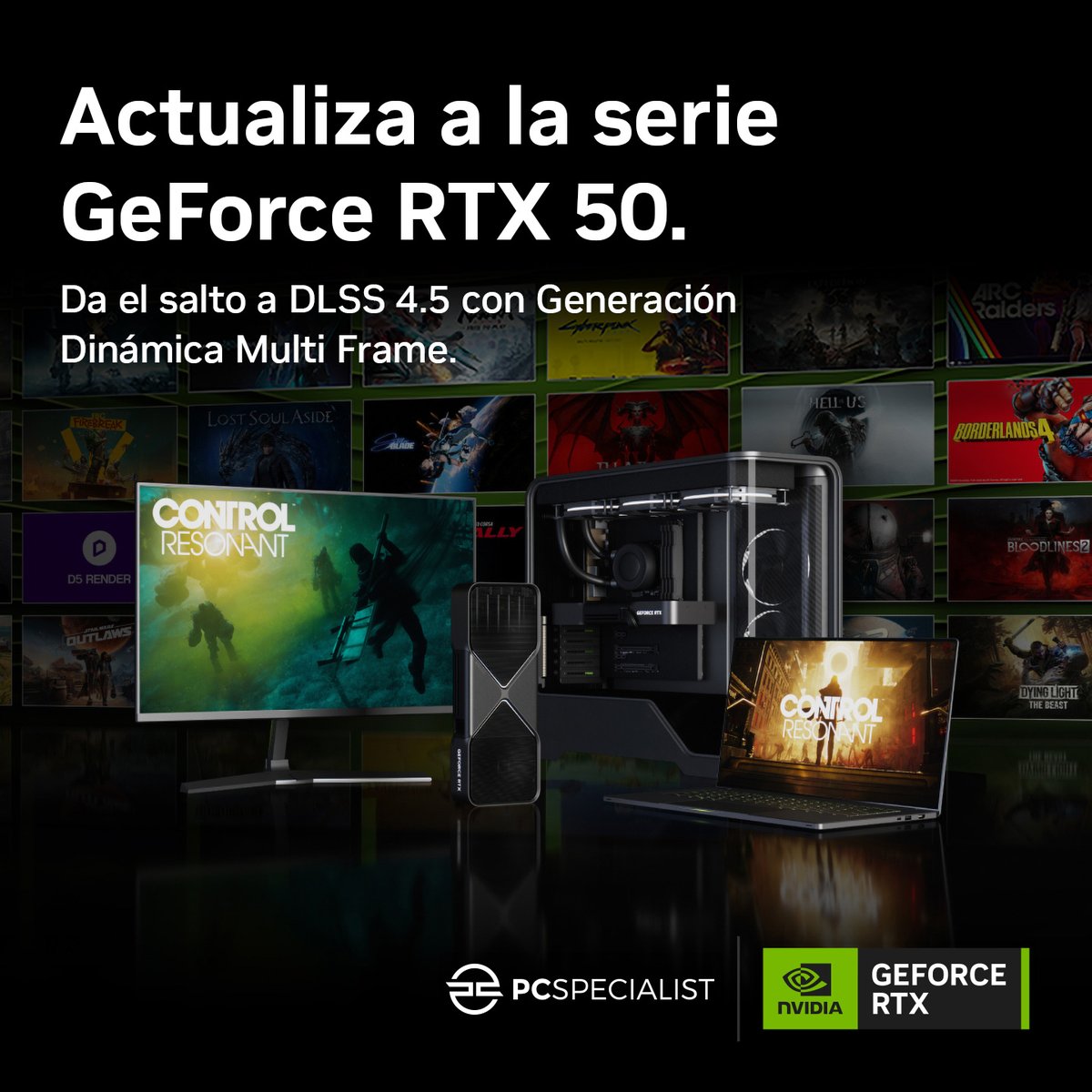 PCSpecialistES's tweet photo. Revoluciona tus juegos favoritos con DLSS 4.5 🎮

DLSS 4.5 con Dynamic Multi Frame Generation ya está disponible en tarjetas gráficas NVIDIA GeForce compatibles.

Configura un PC RTX 50 Series ➡️ https://t.co/ibC9bYYeSn https://t.co/KrIeSIIIsZ