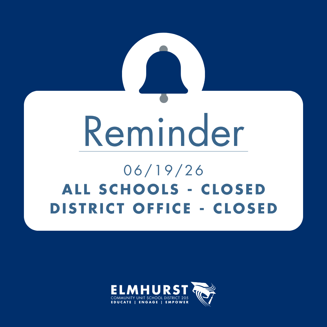 ElmhurstD205's tweet photo. Our office will be closed today in observance of Juneteenth. We will resume regular business hours on Monday.

#WeAreD205 https://t.co/YeyMDbbEld