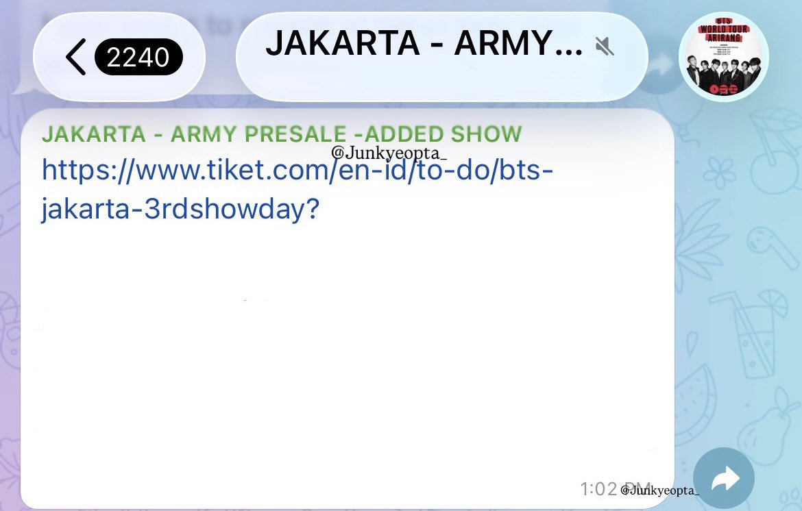 Junkyeopta_'s tweet photo. BTS ARIRANG  - JAKARTA 
ARMY MEMBERSHIP PRESALE 
 
link sent - 2 mins after start of selling ✅
#tnxjunkyeopta_ https://t.co/8xnIs7MEpA
