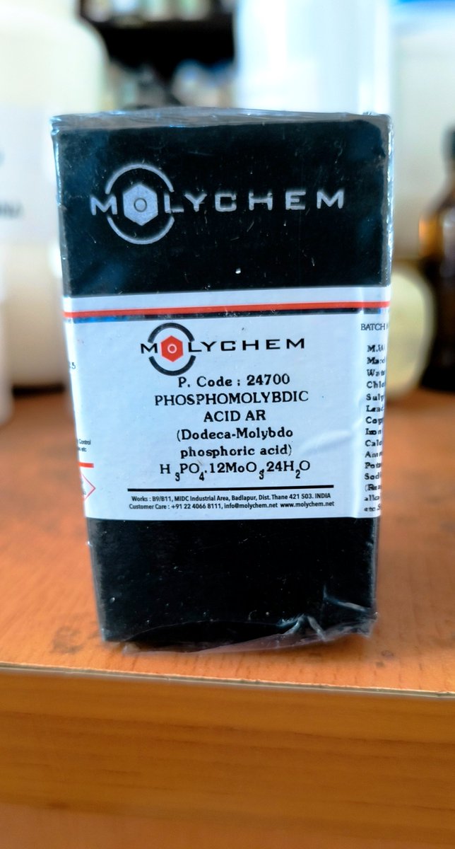 DelsonScientifi's tweet photo. Phosphomolybdic acid is a versatile lab reagent commonly used in staining procedures, such as in the detection of lipids and carbohydrates in histology, and in spectrophotometric analyses for determining phosphate levels.

Contact /WhatsApp us now. +2348067219578 https://t.co/uSqqzyk0Mr