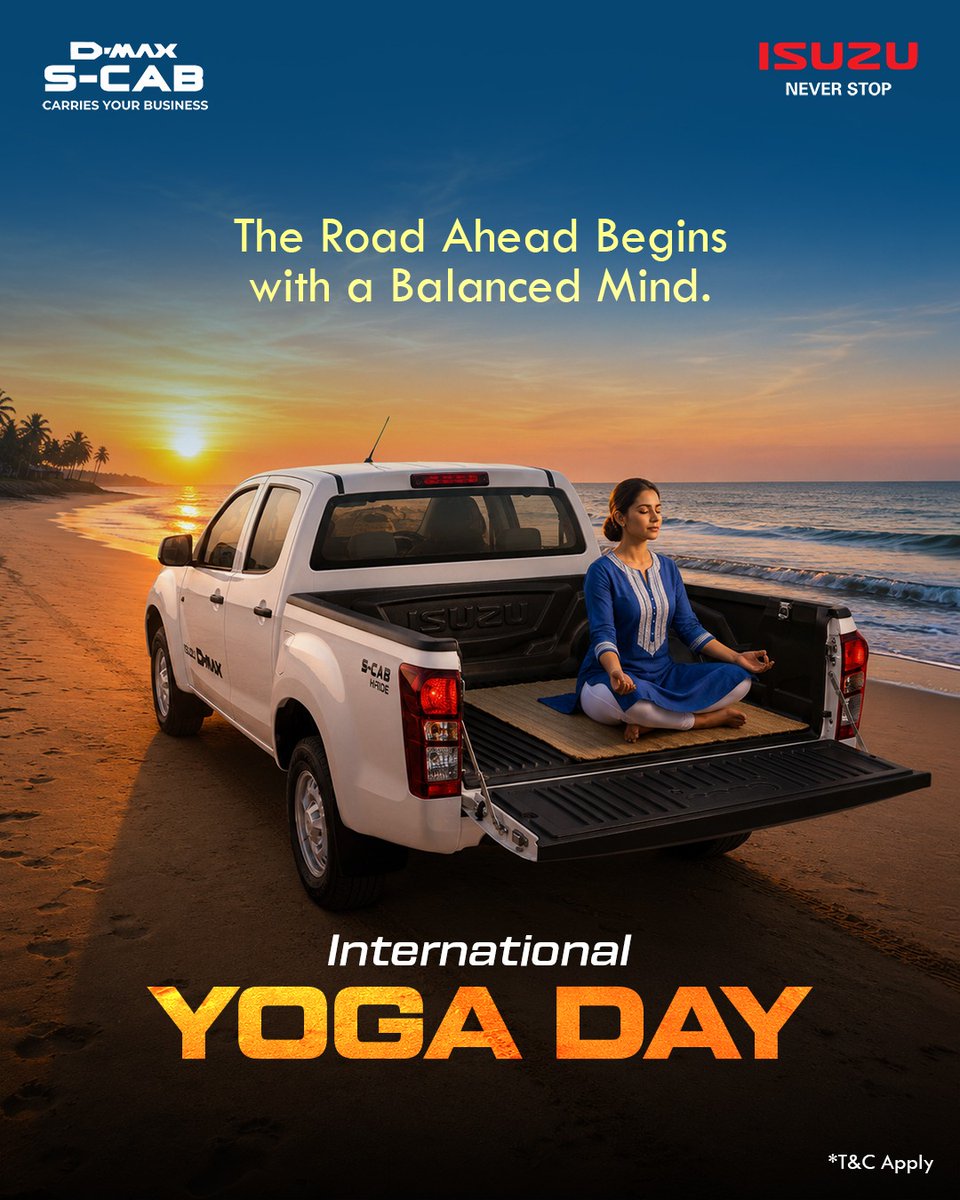 IsuzuIndia's tweet photo. This International Yoga Day, take a moment to pause, align your thoughts, and find your balance. Because the smoothest roads ahead are navigated with clarity.
#InternationalYogaDay #YogaDay2026 #BalancedMind #IsuzuSCab #CarriesYourBusiness https://t.co/m6SeUllHVT