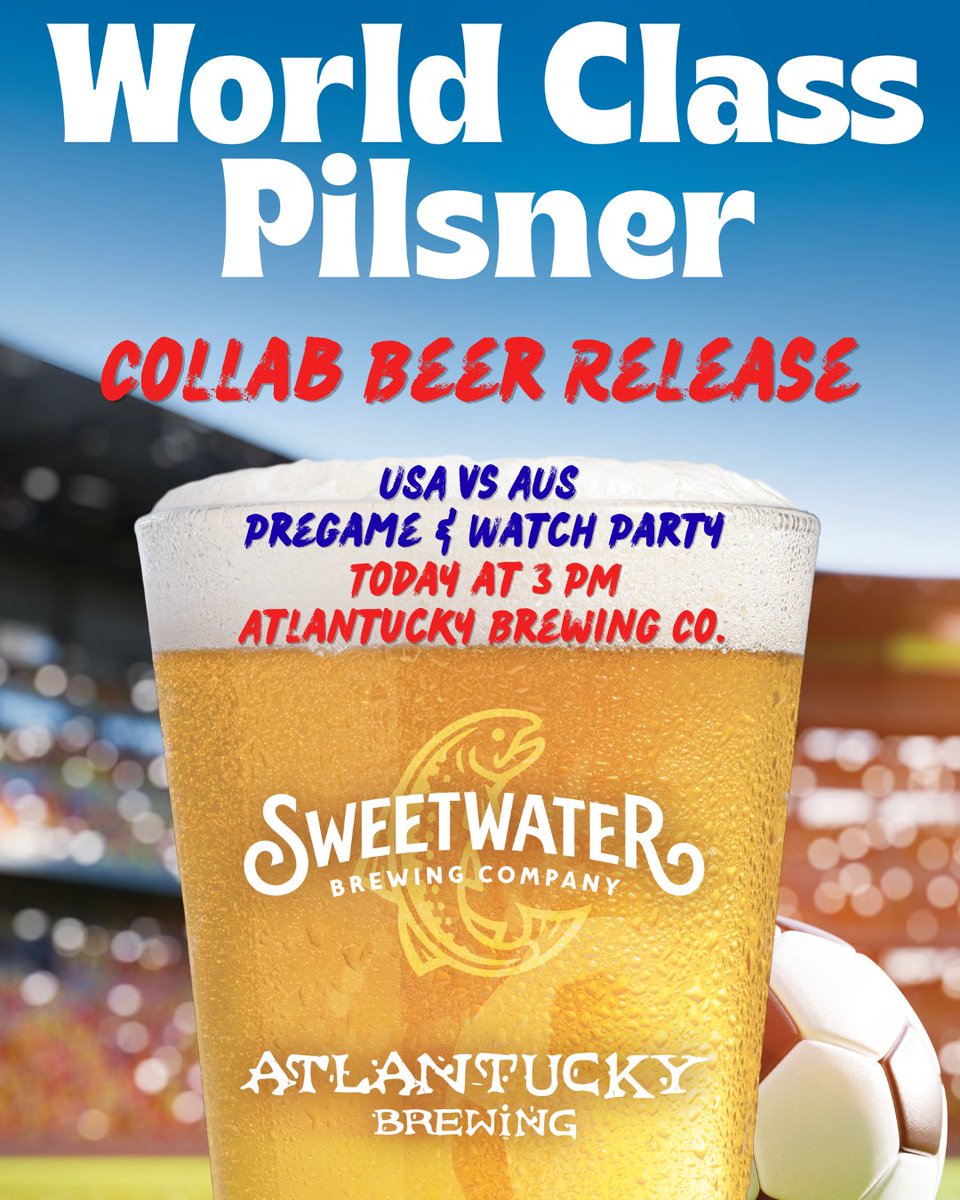 sweetwaterbrew's tweet photo. SweetWater and Atlantucky Brewing have partnered to introduce World Class Pilsner, a collaboration crafted to celebrate ATL’s energy on the global stage! ￼ 

Join us as we tap this special release TODAY at Atlantucky Brewing with: 
🍺 Launch party starting at 3 PM 
🇺🇸 🇦🇺 USA vs Australia watch party 
⚽ A special appearance from @atlutd legend Jay Fortune 

Proud to raise a glass to great beer, great partners, and great moments in ATL!