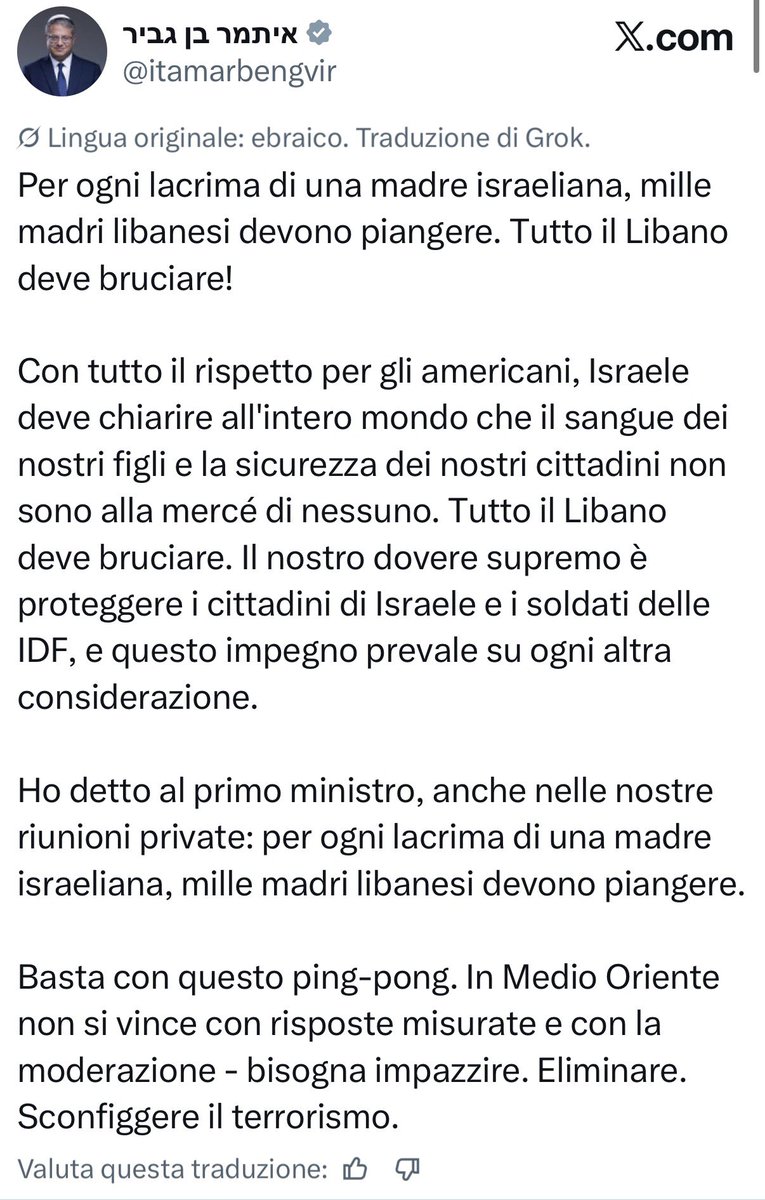 _Nico_Piro_'s tweet photo. “Per ogni lacrima di una madre israeliana, mille madri libanesi devono piangere. Tutto il Libano deve bruciare!”
Non una dichiarazione, un’autodenuncia
Pluripregiudicato, suprematista ebraico, estremista religioso ma…Ministro alla Sicurezza di #Israele #BenGvir https://t.co/TM20RONpcL
