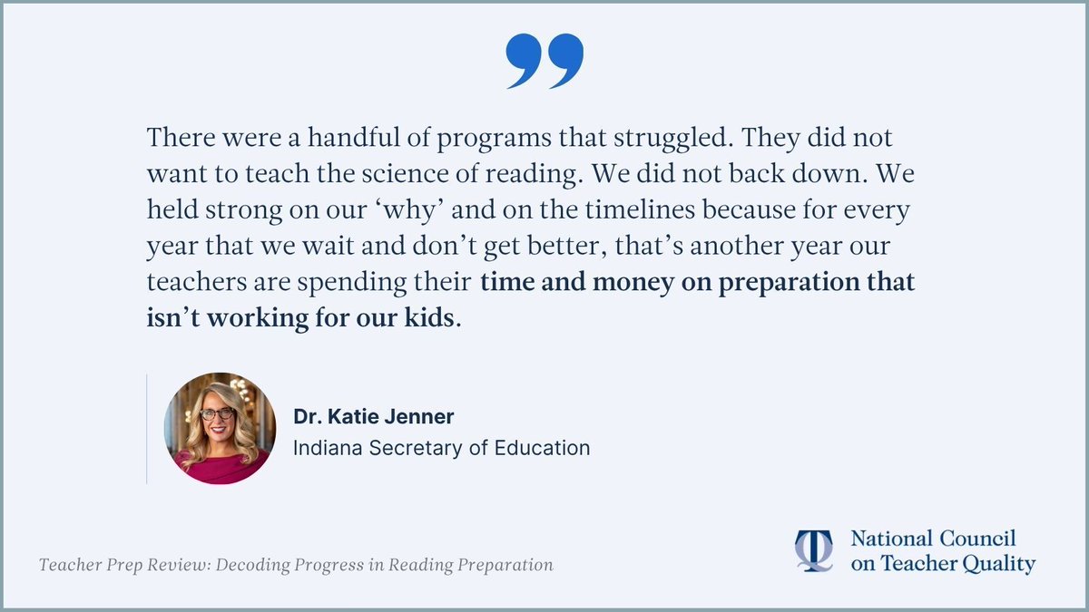 NCTQ's tweet photo. Teacher prep reform works best when it's part of a coherent policy ecosystem. 

Indiana defined the science of reading in law, @SecJennerIN and @EducateIN held prep programs accountable, funded the transition, and aligned district curricula. https://t.co/H3KrKUGILi https://t.co/7PYB7BpQ7Y