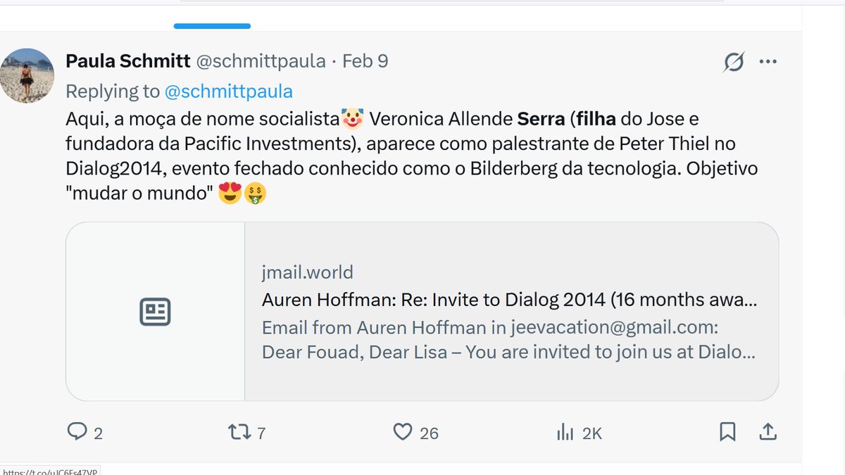 schmittpaula's tweet photo. P/quem tá acompanhando vazamento de participantes do clube do Peter Thiel, olha quem tava na lista: a filha do José Serra. Note a sinalização de esquerdismo: Allende. Junte isso c/Lula dizendo q não é de esquerda, e o apoio q o "sindicalista" recebe do CFR , e a conclusão é:🫵🤡 https://t.co/W4vGNrbxdq