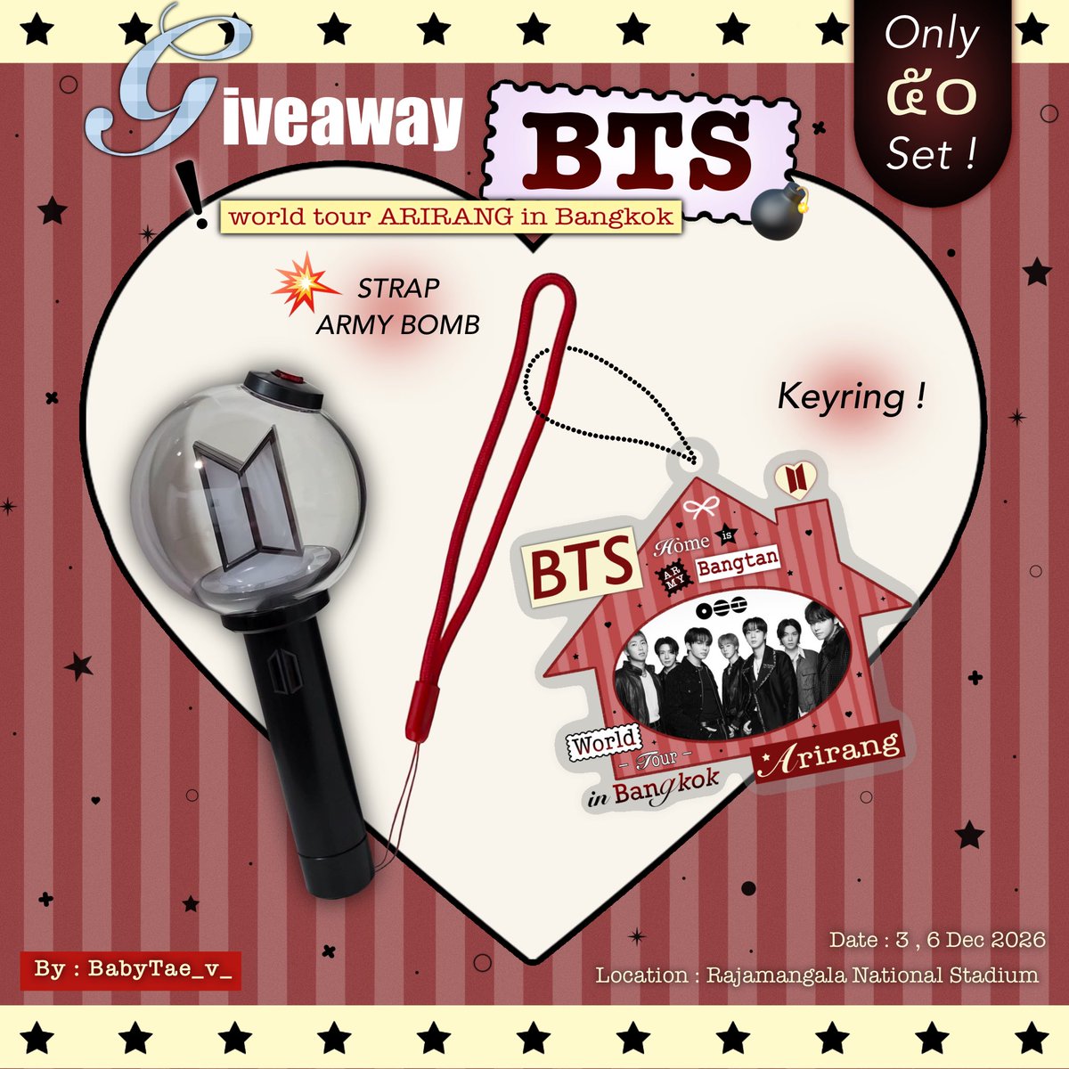 BabyTae_v_'s tweet photo. Pls rt and fav ♥️

💣giveaway BTS arirang in bangkok💥

– Only 50 set !🛒

📍rajamangala stadium 🏟️
🗓️date : 3,6 Dec 2026 / time : tba

🫵🏻🗣️ตอนมารับโปรดพูดพยัญชนะภาษาไทยมา๑ตัวอักษร เพื่อแสดงตุวว่าเป็นคนไทยคับ🇹🇭👀

#BTS_WORLDTOUR_BANGKOK
#BTS_WORLDTOUR_ARIRANG_BANGKOK
#givebyfapsj https://t.co/E5cBd9d2BC