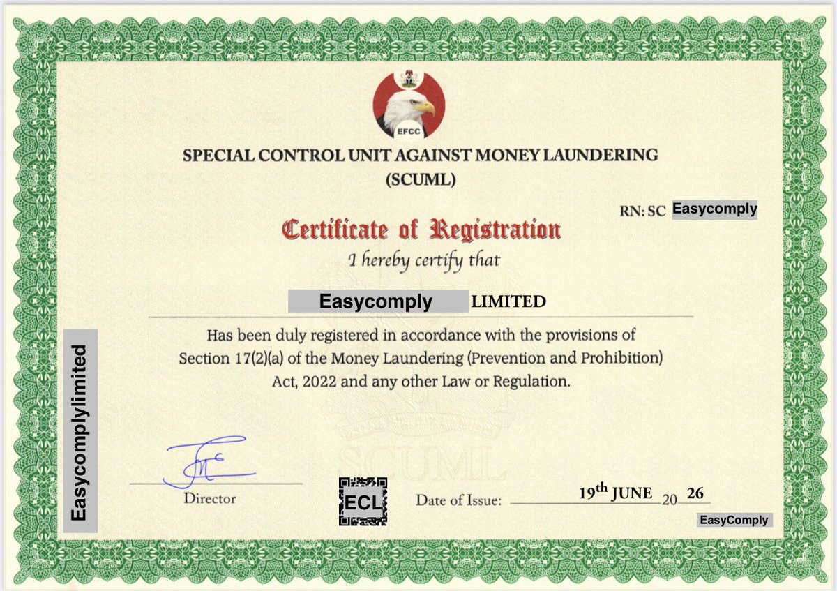 Easy_complyltd's tweet photo. Congratulations to our client on the successful approval of their SCUML registration! 🎉

Need yours processed? We’ve got you covered.

💜💜💜

#SCUMLRegistration #BusinessCompliance #EasyComply #CACRegistration #NigeriaBusiness https://t.co/l6z0rSPxAx