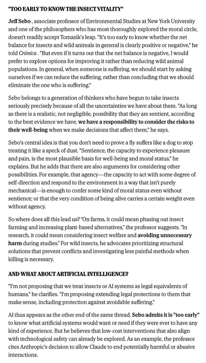 jeffrsebo's tweet photo. El Mundo published a detailed article about insect rights research and advocacy, featuring interviews with me, Bob Fischer, Oscar Horta, and others. Inevitably, I was asked about AI rights as well 🙂 https://t.co/CxqOGQ6je0