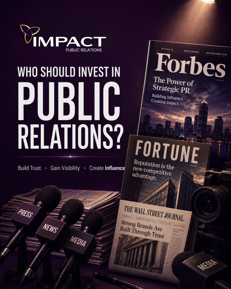 ImpactPR's tweet photo. Who should invest in Public Relations?

✔ Startups
✔ Founders &amp; CEOs
✔ Healthcare Brands
✔ Educational Institutions
✔ NGOs
✔ Growing Businesses
PR builds trust, visibility, and influence—the three pillars of long-term brand success.
#PublicRelations #PRAgency https://t.co/INkWbZIpIS