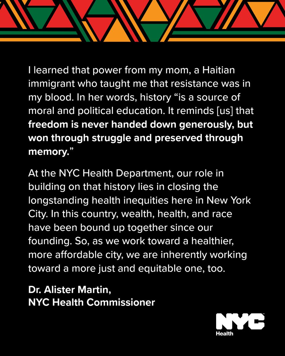NYCHealthCommr's tweet photo. This #Juneteenth, I'm reminded of my mom's words: "Freedom is never handed down generously but won through struggle and preserved through memory."
 
At @nychealthy we are fighting for every New Yorker to have the freedom to live longer, healthier lives in a more affordable city. https://t.co/N5ugmqd3mB