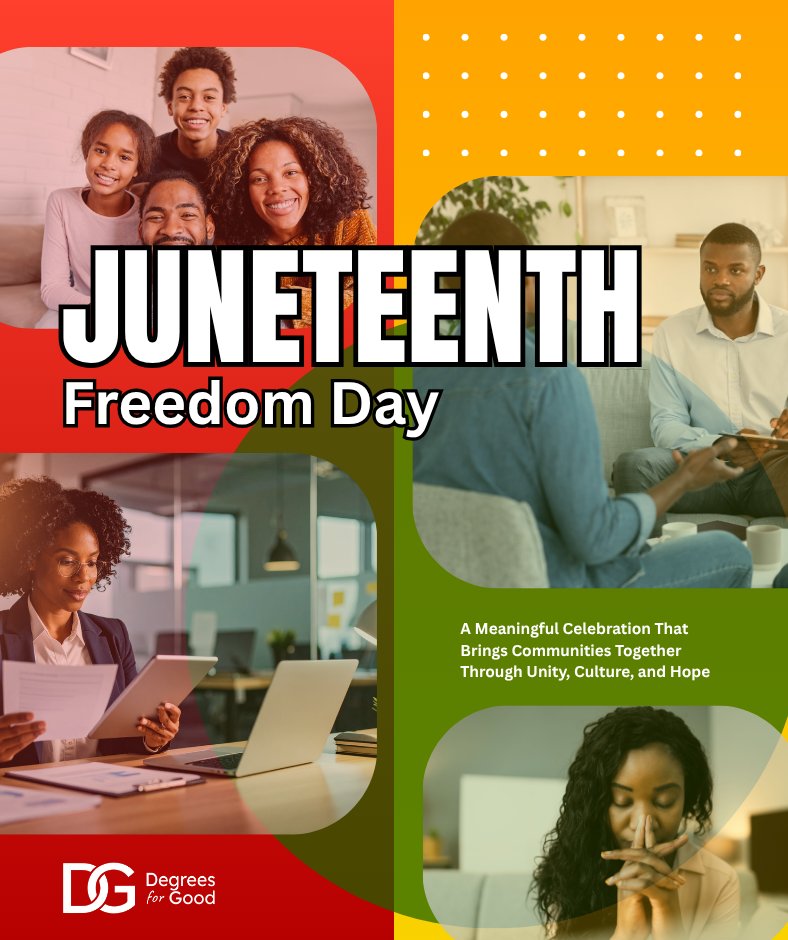 degreesforgood's tweet photo. This Juneteenth, we honor freedom, resilience, and progress. Education helps create opportunity, empower communities, and inspire change. Happy Juneteenth. ❤️🖤💚 #Juneteenth #EducationMatters https://t.co/Nen1tUMkff