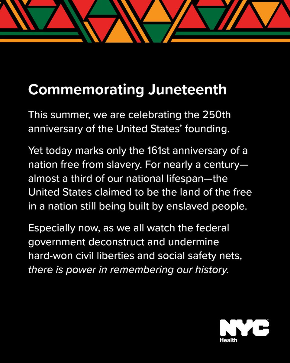 NYCHealthCommr's tweet photo. This #Juneteenth, I'm reminded of my mom's words: "Freedom is never handed down generously but won through struggle and preserved through memory."
 
At @nychealthy we are fighting for every New Yorker to have the freedom to live longer, healthier lives in a more affordable city. https://t.co/N5ugmqd3mB
