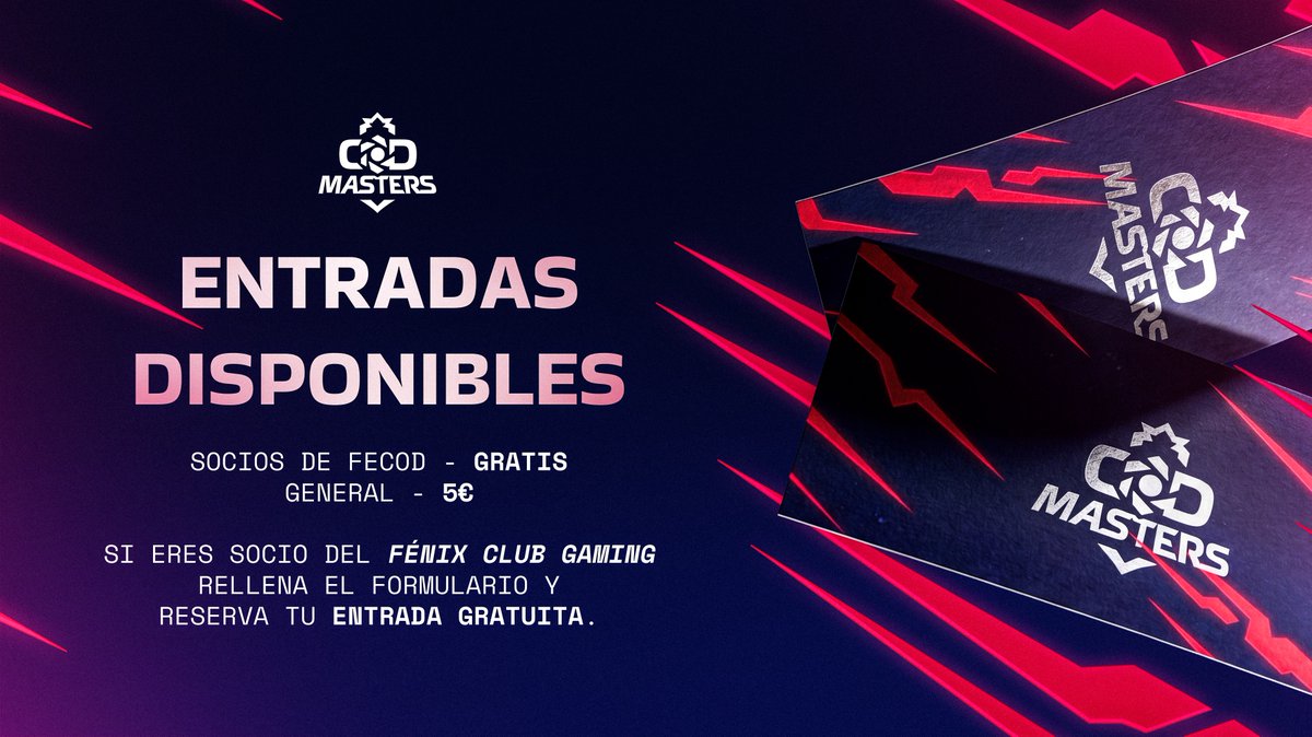 FECOD_es's tweet photo. Ya están disponibles las entradas para disfrutar del #CODMasters en el Movistar eSports Center.

- Socios de FECOD: gratis
- Público general: 5€
- Socios de Fénix Club Gaming de @MovistarKOI: gratis rellenando el formulario

Más detalles en nuestra web ⬇️