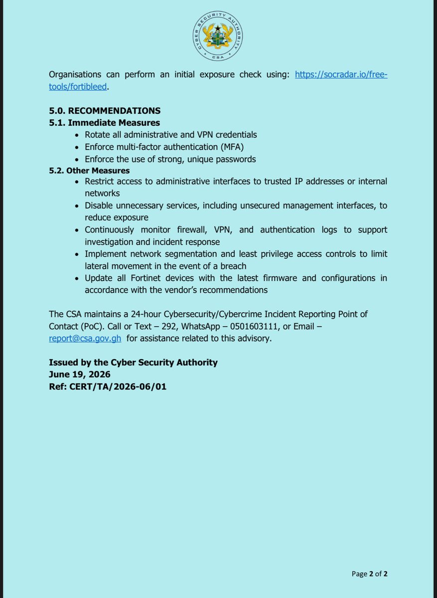CSAGhana's tweet photo. 🚨🚨Technical Advisory: FortiBleed Campaign Targeting Fortinet Firewalls and VPN Gateways https://t.co/HYGTyktPml