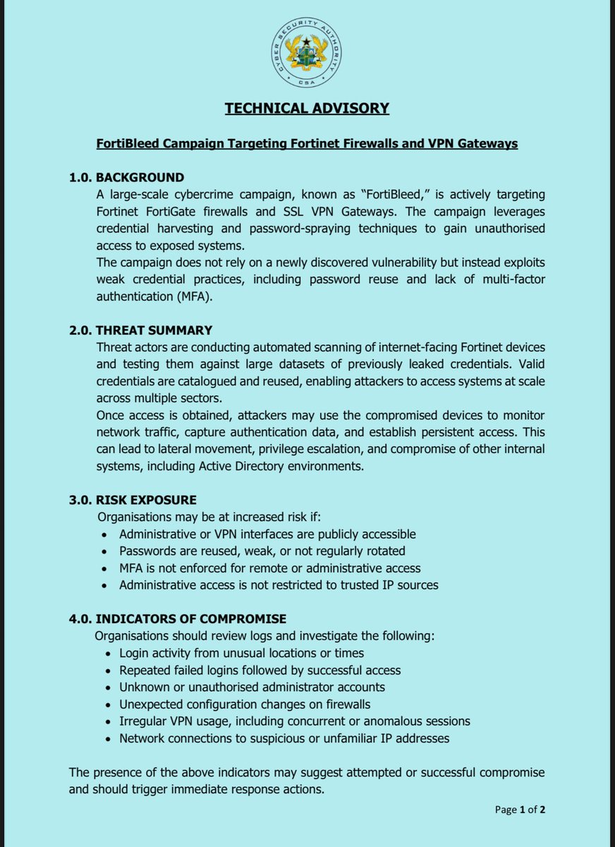 CSAGhana's tweet photo. 🚨🚨Technical Advisory: FortiBleed Campaign Targeting Fortinet Firewalls and VPN Gateways https://t.co/HYGTyktPml