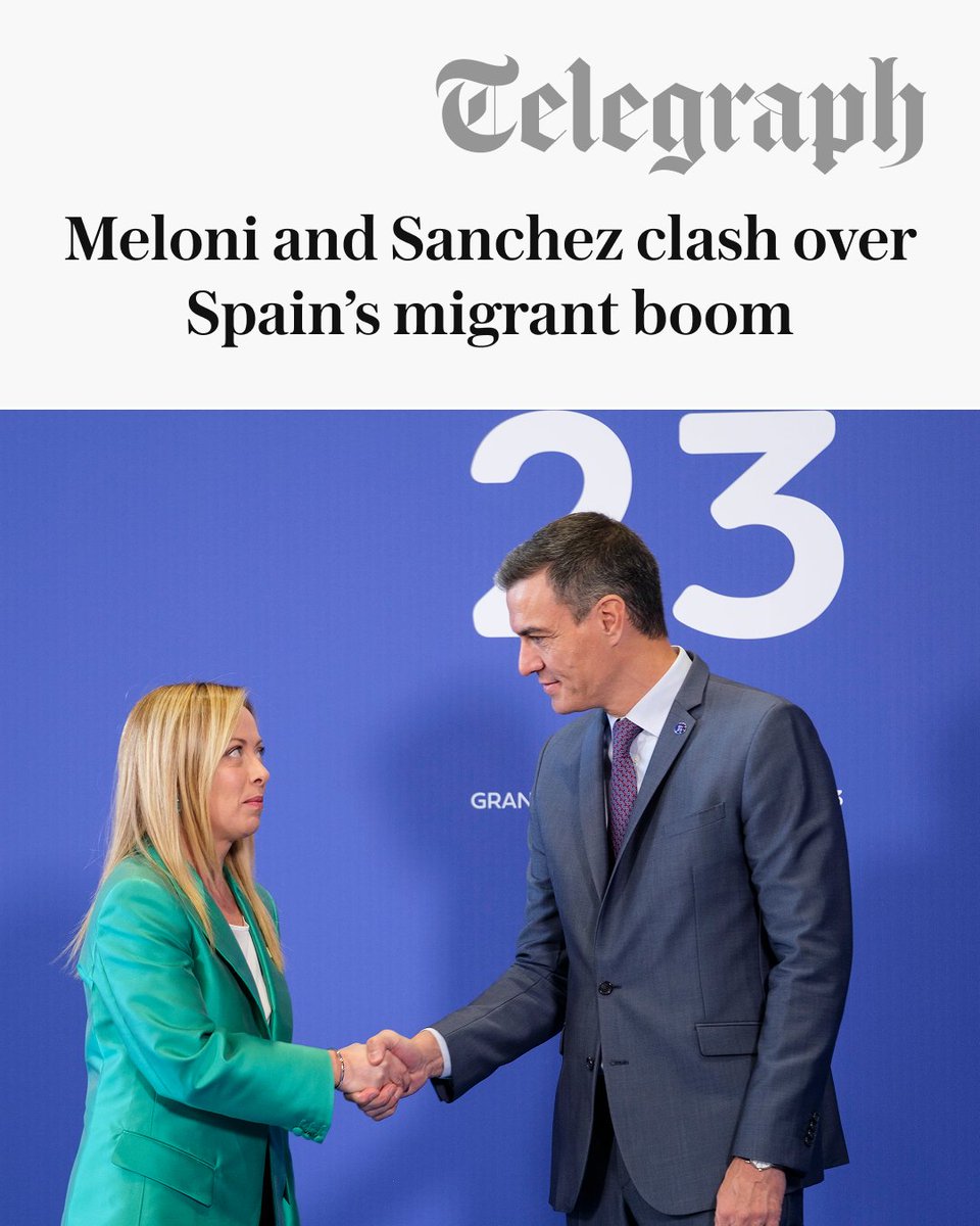 Telegraph's tweet photo. Giorgia Meloni has clashed with Pedro Sánchez over Madrid’s decision to offer an amnesty to half a million undocumented migrants, saying the policy will have repercussions for the rest of Europe.

Nick Squires explains the extent of their argument ⤵️
https://t.co/At0q1GRA3A https://t.co/5JfhNAAUzT