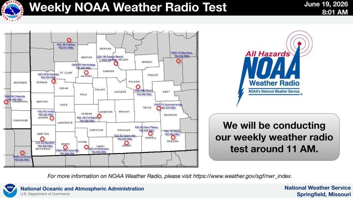 We will be conducting our weekly NOAA weather radio test this morning at 11 AM.